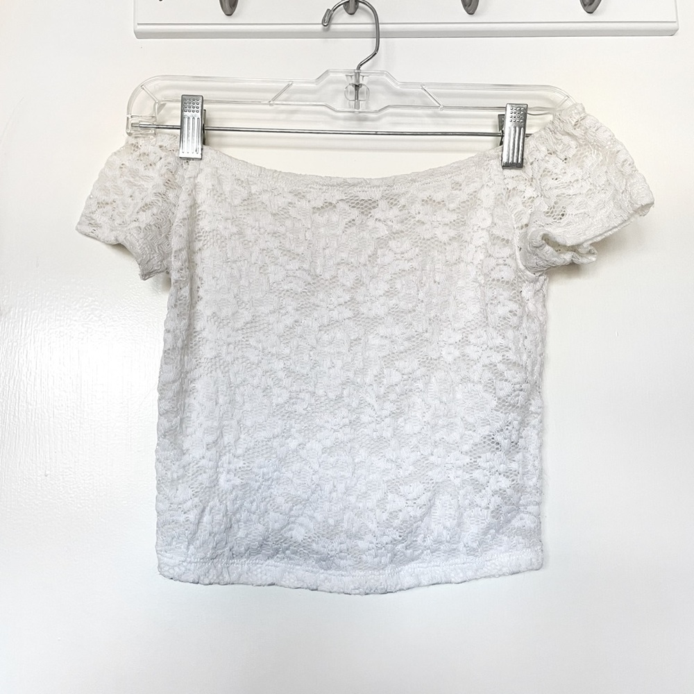 White lace off the shoulder crop top